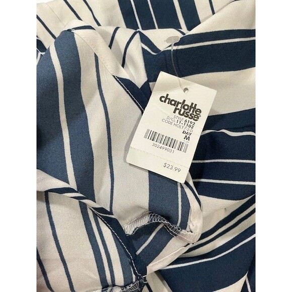 Charlotte Russe Blue and White Stripe Ruffle Long Sleeve Bouuse Sz M V Neck NWT - Picture 6 of 6